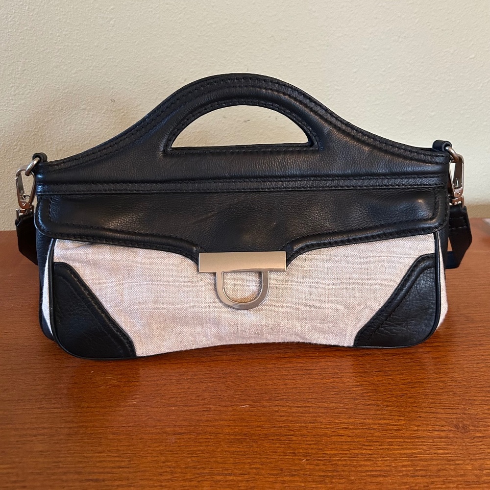 Foley & Corinna Handbag Clutch Beige Canvas Black Leather Shoulder Strap Purse‎